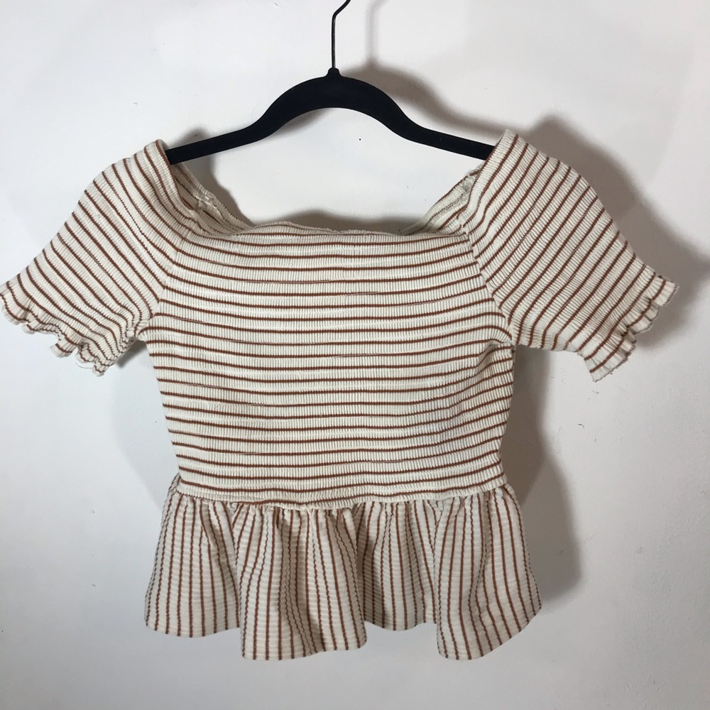 Cream Pin Striped Off Shoulder Peplum Finish S